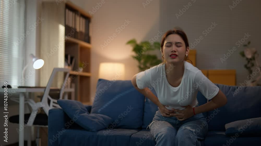 Young woman is experiencing severe abdominal pain while sitting and lying on her living room sofa Young woman is experiencing severe abdominal pain while sitting and lying on her living room sofa