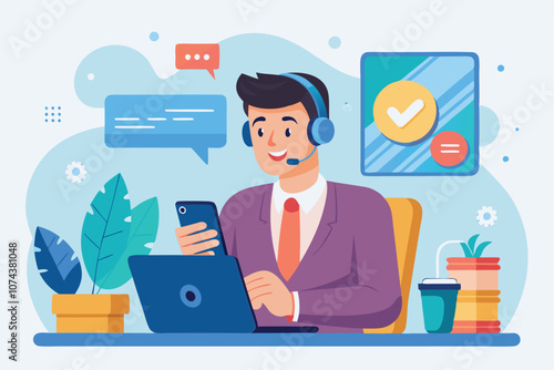 A man dressed in formal attire is using a cell phone to provide customer support while working at a desk, Man using cell phone to show customer support management, illustrated in a flat style.