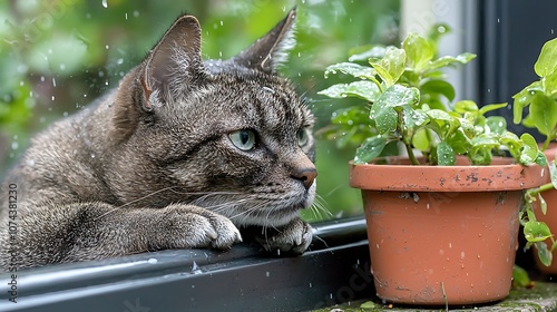 Curious cat observes raindrops while waiting by the window next to a potted plant photo