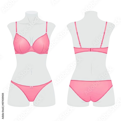 Illustration of a pink lingerie set on a mannequin, front and back view.