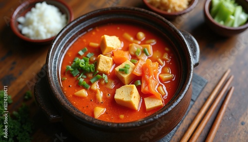 Vibrant Korean Tofu Stew in Rich Red Broth with Fresh Garnishes