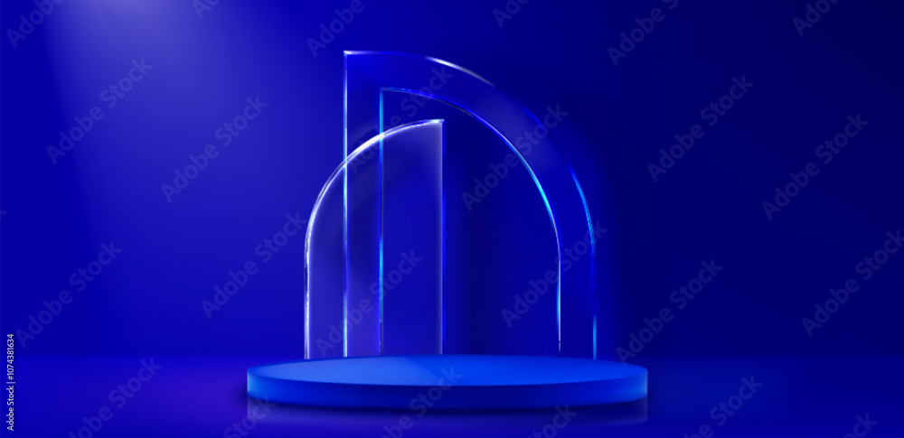 Smooth cylindrical platform beneath transparent curved glass arch elements in deep royal blue environment. Premium exhibition space for luxury product showcase. Realistic 3d goods promotion display. Smooth cylindrical platform beneath transparent curved glass arch elements in deep royal blue environment. Premium exhibition space for luxury product showcase. Realistic 3d goods promotion display.