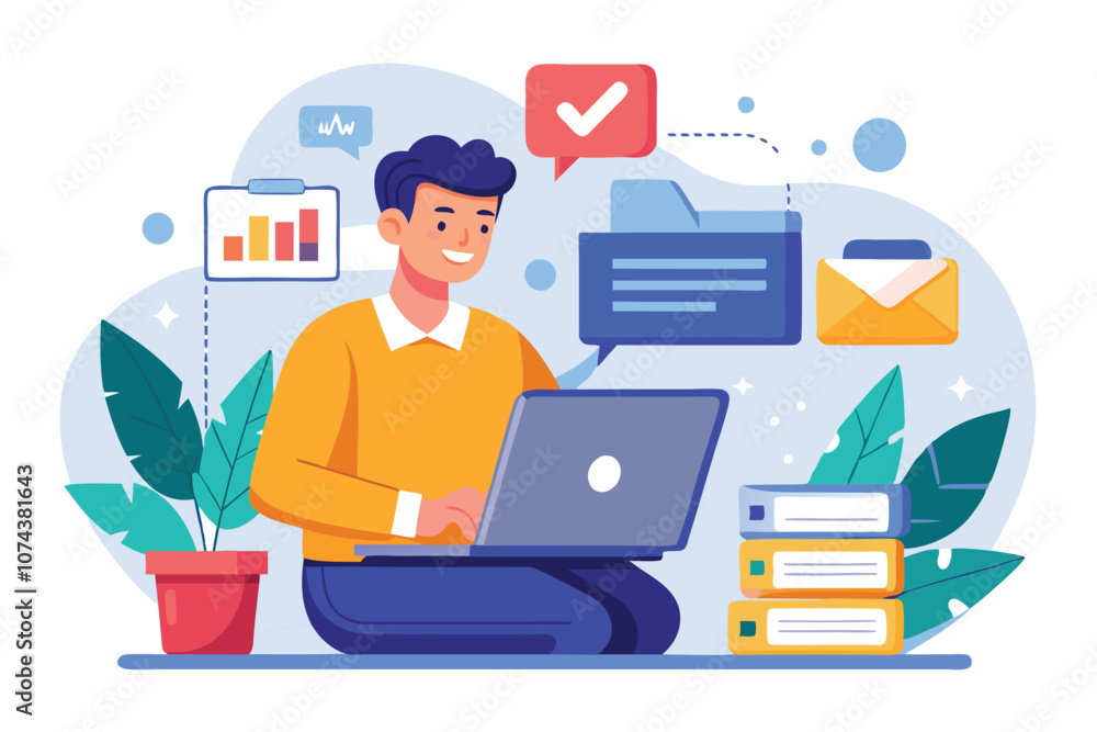 A man sits on the floor, working on a laptop to download and transfer important documents, Man using laptop to download and transfer document files, flat illustration.