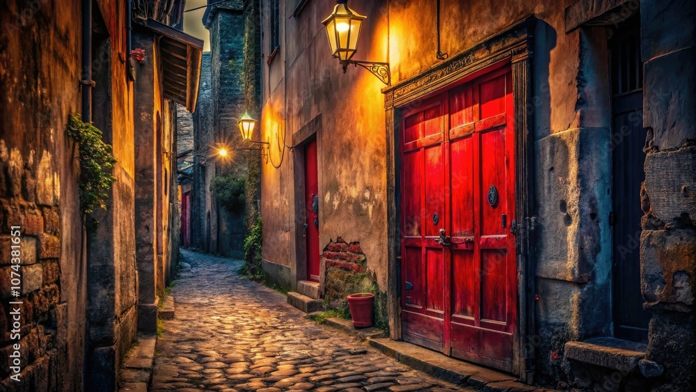 Fototapeta premium Old Red Door in Low Light - Atmospheric and Mysterious Urban Scene