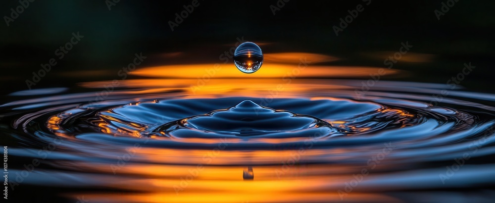 suspended water droplet above a tranquil body of water captured in midair surrounded by other droplets to illustrate fluidity and a sense of calmness evoking tranquility suspended water droplet above a tranquil body of water captured in midair surrounded by other droplets to illustrate fluidity and a sense of calmness evoking tranquility