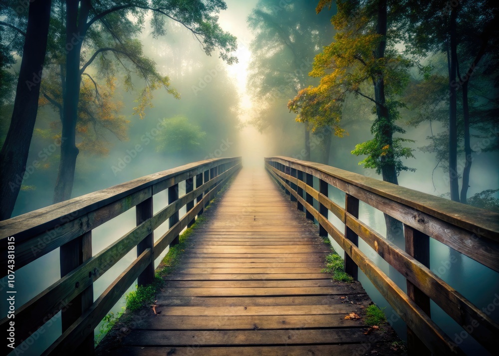 Old Wooden Bridge into the Fog - Journey into the Unknown Old Wooden Bridge into the Fog - Journey into the Unknown