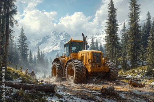 Logging deep in the forest, loggers working with heavy machinery, fallen trees, harsh nature. Generative AI