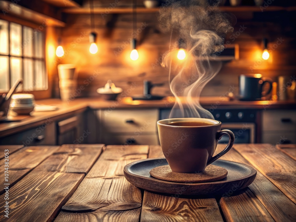 On a rustic wooden table, a hot cup of aromatic coffee emits steam, creating a cozy ambiance perfect for morning rituals and nostalgic vibes beloved by coffee enthusiasts. On a rustic wooden table, a hot cup of aromatic coffee emits steam, creating a cozy ambiance perfect for morning rituals and nostalgic vibes beloved by coffee enthusiasts.