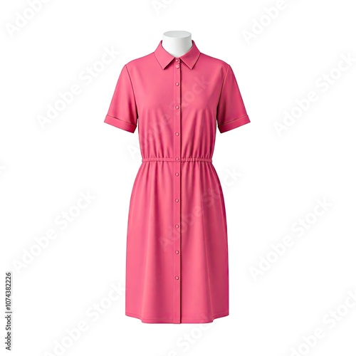 A stylish pink shirt dress with short sleeves and a button-down front. The dress features an elastic waistband for a flattering fit, making it suitable for casual or semi-formal occasions. photo