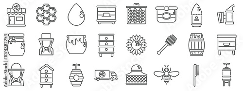Apiculture business icons set. Essential icons representing various aspects of beekeeping, from honey production and beehive maintenance to the tools and equipment used by beekeepers
