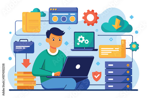 A man is focused on syncing data online using his laptop in a modern workspace environment Man using laptop to sync storage on website, flat illustration