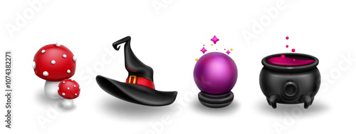 Magic 3d icons set - spotted mushrooms with red cap, witch hat, crystal fortune teller ball with sparkles and cauldron with brewing and bubbling potion. Fantasy objects for game ui or Halloween design