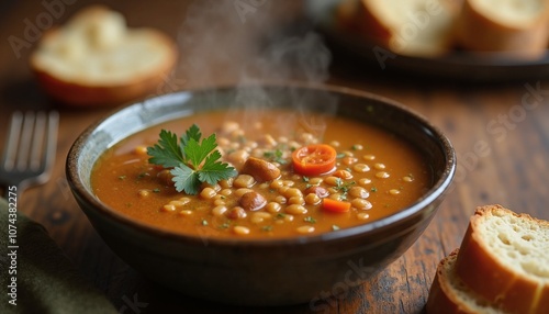 Steaming Bean Soup in Rustic Bowl Comforting Homemade Meal on Wooden Table