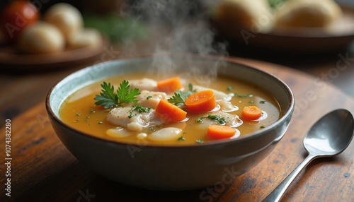 Steaming Hearty Vegetable Soup with Carrots and Herbs in Rustic Bowl