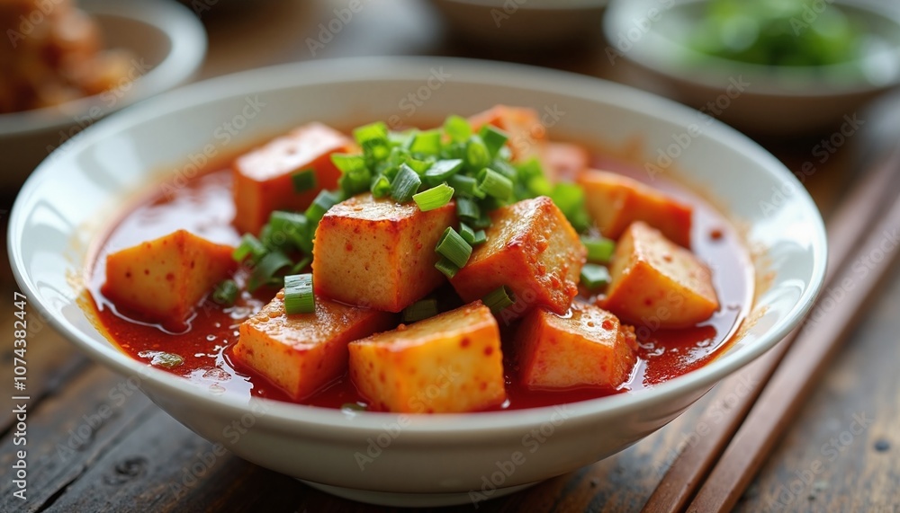 Spicy Tofu Cubes in Savory Red Sauce Garnished with Green Onions Spicy Tofu Cubes in Savory Red Sauce Garnished with Green Onions