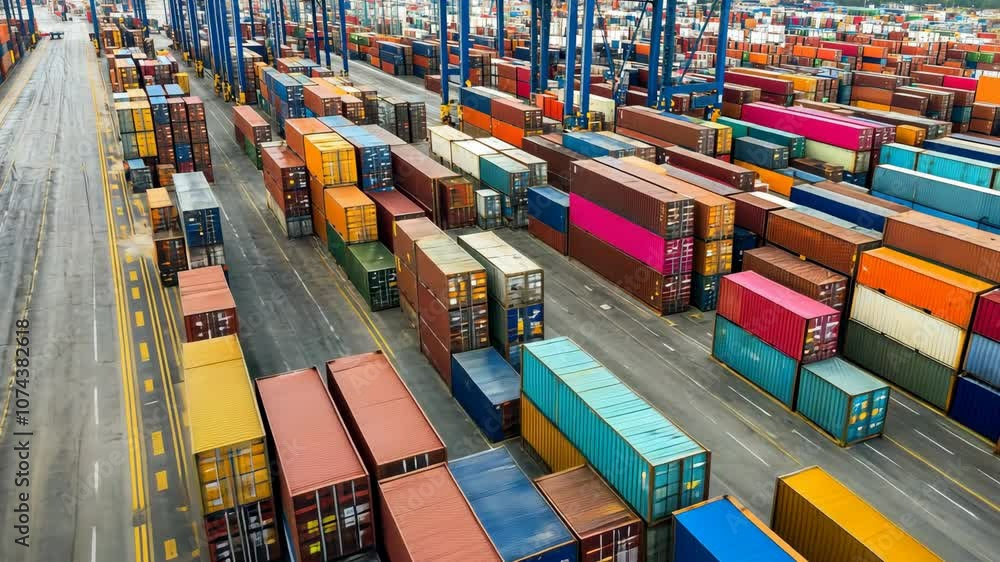 An aerial view of a busy shipping port with hundreds of cargo containers stacked high