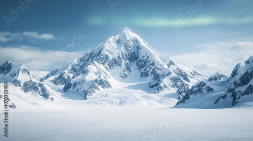 Majestic snow-capped mountain under a clear blue sky, serene winter landscape.