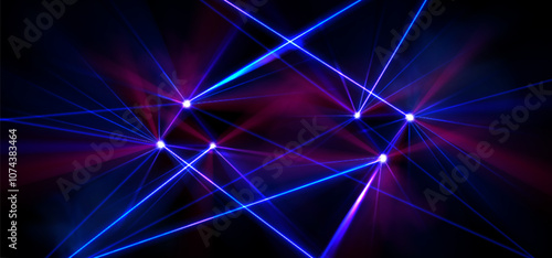 Laser show display with bright neon light beams crossing in geometric patterns on black background. Electric luminous blue and pink rays. Realistic dynamic setup for concert stage performances.