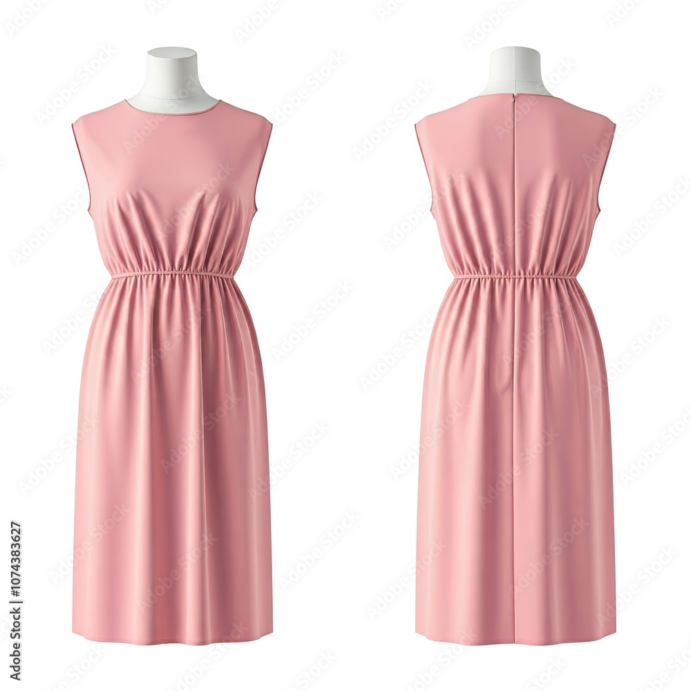 Pink sleeveless midi dress with elastic waist on white mannequin Pink sleeveless midi dress with elastic waist on white mannequin