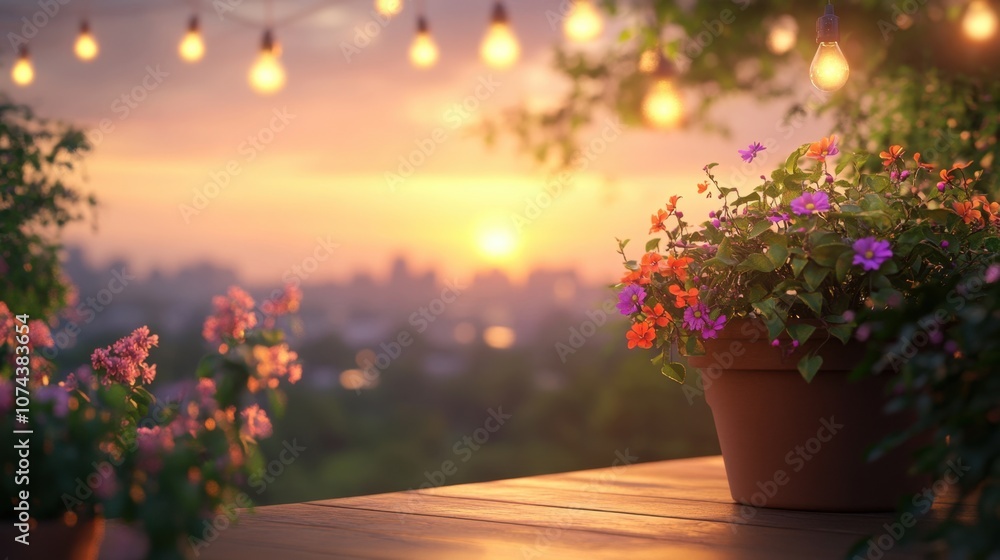 Sunset serenity potted flowers illuminate a peaceful evening Sunset serenity potted flowers illuminate a peaceful evening