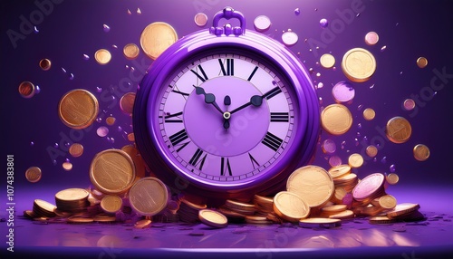 A vibrant purple clock surrounded by scattered gold coins symbolizes the concept of time and wealth. photo