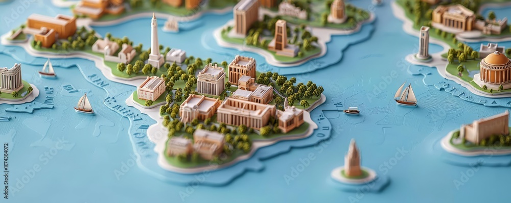 Colorful 3D map of a coastal area with various buildings and landmarks, blue water. Colorful 3D map of a coastal area with various buildings and landmarks, blue water.