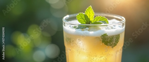 Refreshing Mint Mojito Cocktail Sparkling in Golden Sunlight Against Blurred Green Background photo