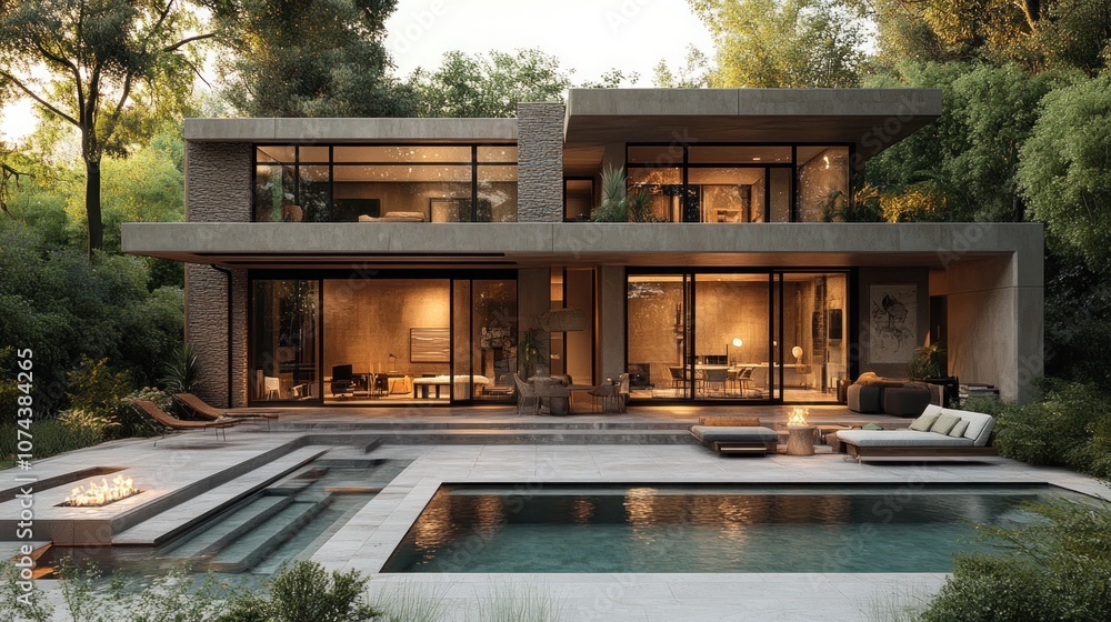 Modern house with pool and outdoor lounge in a natural setting. Modern house with pool and outdoor lounge in a natural setting.