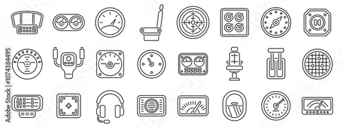 Airplane cockpit icons set. Airplane cockpit panel icons displaying various instruments, including speedometer, altimeter, artificial horizon, clock, seat, switches, headset, and digital instruments