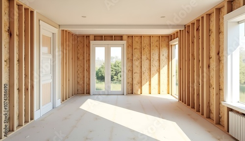The empty interior of a house under construction with wooden walls and large windows, ready for design
