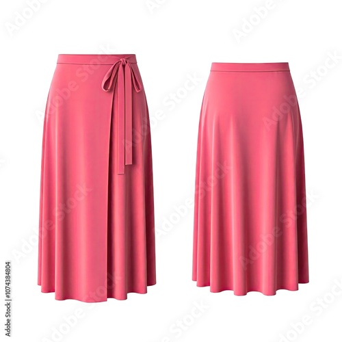 Pink wrap midi skirt with tie waist and A line silhouette. Fashionable and stylish for casual or dressy occasions.