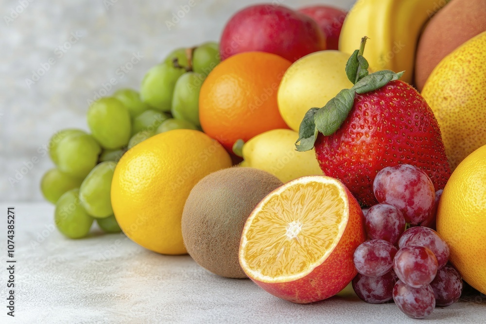 Vibrant fruit display with rich hues and enticing textures conveying a feeling of luxury, radiant colors, soft lighting, cheerful atmosphere. Vibrant fruit display with rich hues and enticing textures conveying a feeling of luxury, radiant colors, soft lighting, cheerful atmosphere.