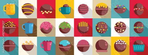 Chocolate bomb icons set. Colorful flat design icons of various chocolate pralines and hot beverages, perfect for confectionery or cafe related projects