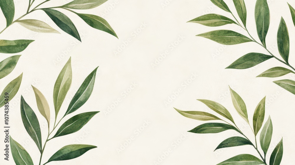 Fototapeta premium Elegant watercolor leaves frame a soft background, perfect for botanical themes and nature-inspired designs.