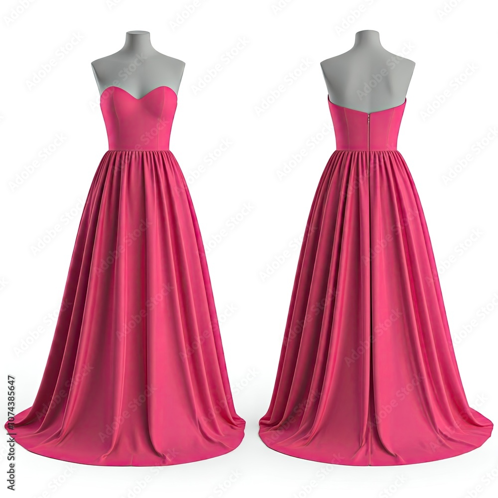 Elegant pink strapless evening gown with a flowing skirt, displayed on a mannequin from front and back views. Elegant pink strapless evening gown with a flowing skirt, displayed on a mannequin from front and back views.