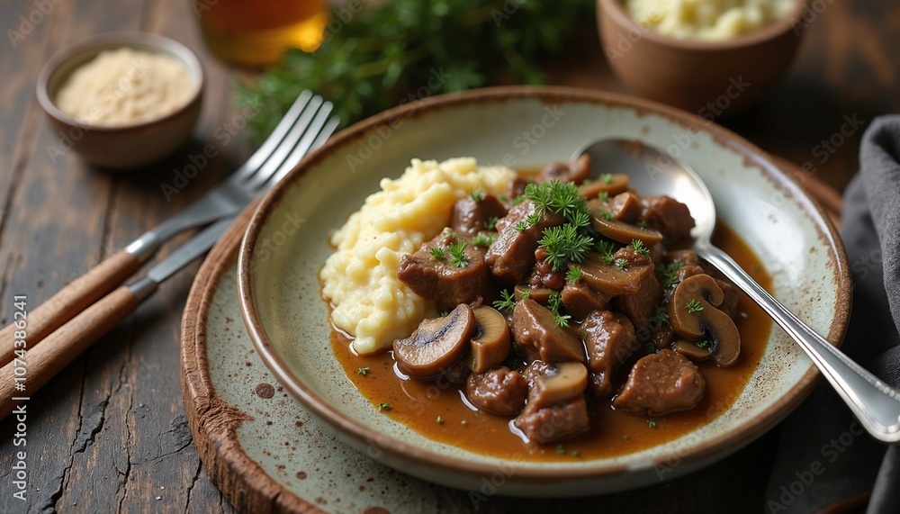 Hearty Beef Stew with Creamy Mashed Potatoes in Rustic Setting Hearty Beef Stew with Creamy Mashed Potatoes in Rustic Setting