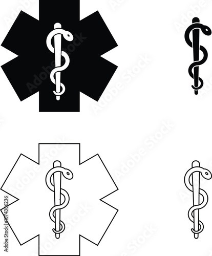 Star medicine with caduceus snake icon set. Emergency medical black flat and line vector collection isolated on transparent background. Pharmacy symbol health care sign for hospital ambulance 