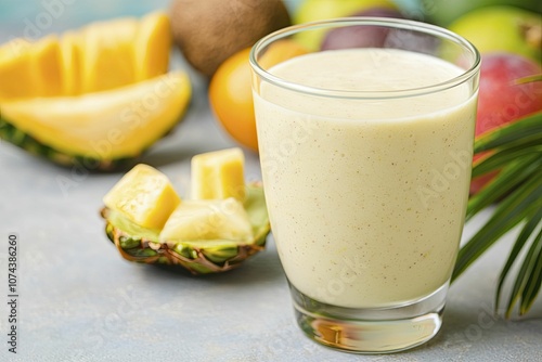 Vibrant low-carb smoothie in glass, surrounded by tropical fruits, radiating a lively, sunny atmosphere. photo