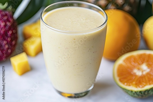 Colorful low-carb smoothie in glass, surrounded by tropical fruits, exuding a lively and uplifting atmosphere.