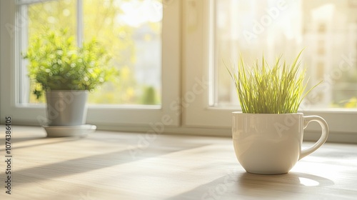 Calm morning routine highlighting intermittent fasting, serene kitchen, soft natural light, peaceful ambiance