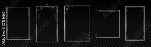 Minimalist delicate thin white outline frames on dark backdrop. Elegant rectangular shapes with subtle geometric ornaments at corners. Decorative borders for vintage certificates or invitations design