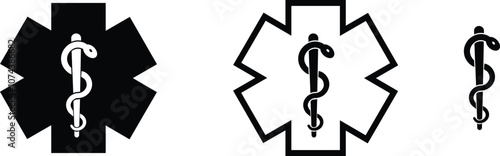 Star medicine with caduceus snake icon set. Emergency medical black flat and line vector collection isolated on transparent background. Pharmacy symbol health care sign for hospital ambulance 