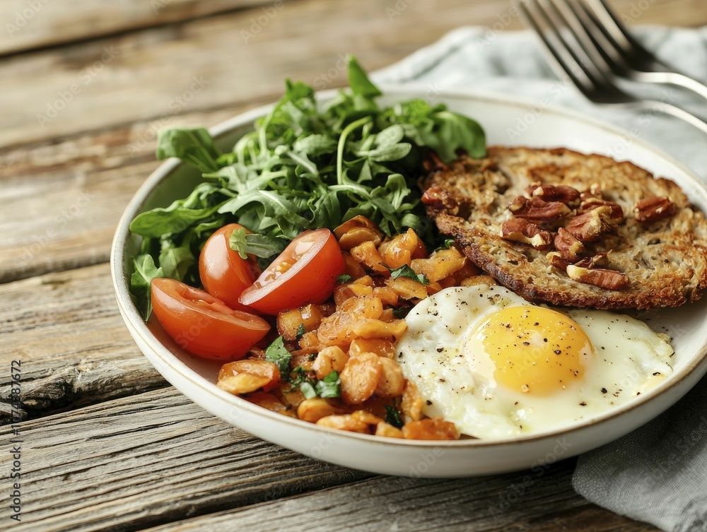 Food diary showcasing intermittent fasting dishes, rustic tabletop, ambient lighting, unique personal flair.