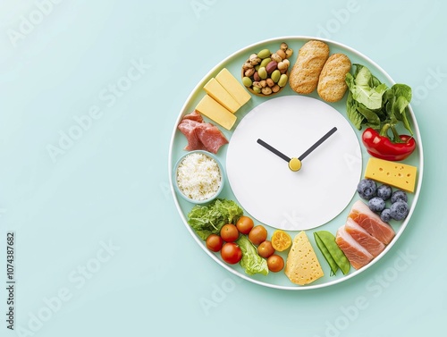 Food items arranged in a circle around a clock face, signifying meal timing. Flat illustration with gentle tones and straightforward design.