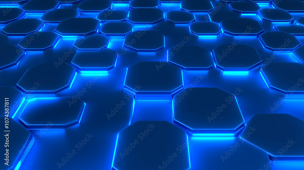 Glowing Hexagon Pattern, Blue Neon Lights, Abstract Background Glowing Hexagon Pattern, Blue Neon Lights, Abstract Background