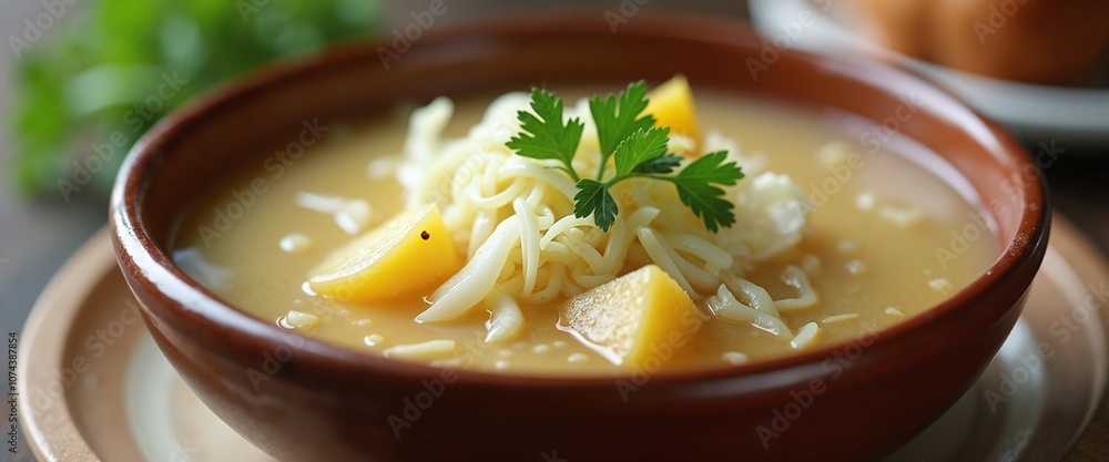 Creamy Potato Soup with Melted Cheese and Fresh Herbs in Rustic Bowl Creamy Potato Soup with Melted Cheese and Fresh Herbs in Rustic Bowl