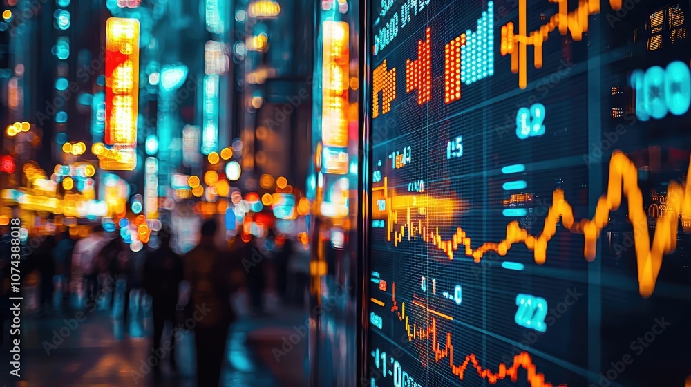 Stock market display with vibrant graphs in a bustling city background. Stock market display with vibrant graphs in a bustling city background.