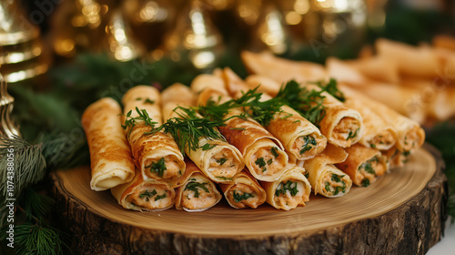 Cheese blini rolls with herb garnish, served on a wooden platter, festive Russian table setup photo