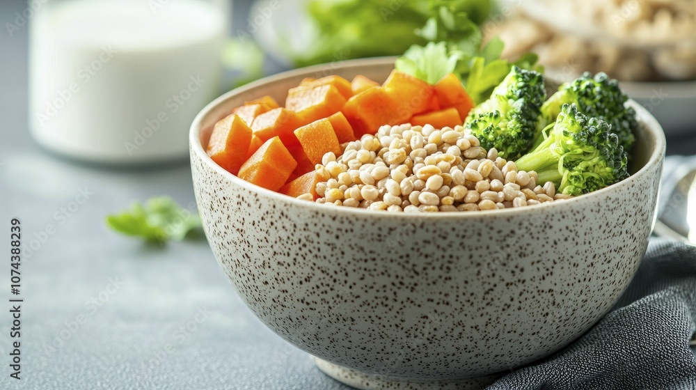 Heart-healthy bowl filled with grains and vegetables, soft shapes and neutral palette, 3D illustration. Heart-healthy bowl filled with grains and vegetables, soft shapes and neutral palette, 3D illustration.