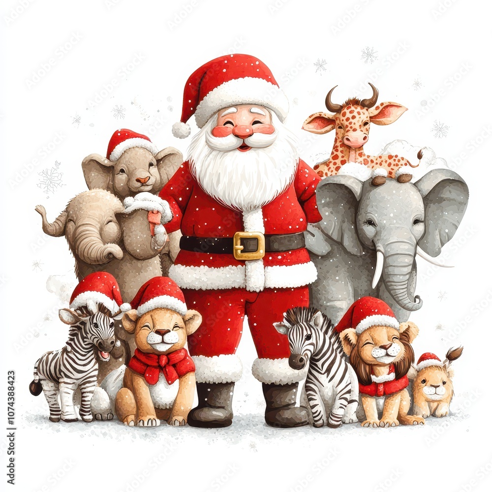 Santa Claus with zoo animals, lions, zebras, elephants in holiday outfits, festive illustration, isolated on white background Santa Claus with zoo animals, lions, zebras, elephants in holiday outfits, festive illustration, isolated on white background